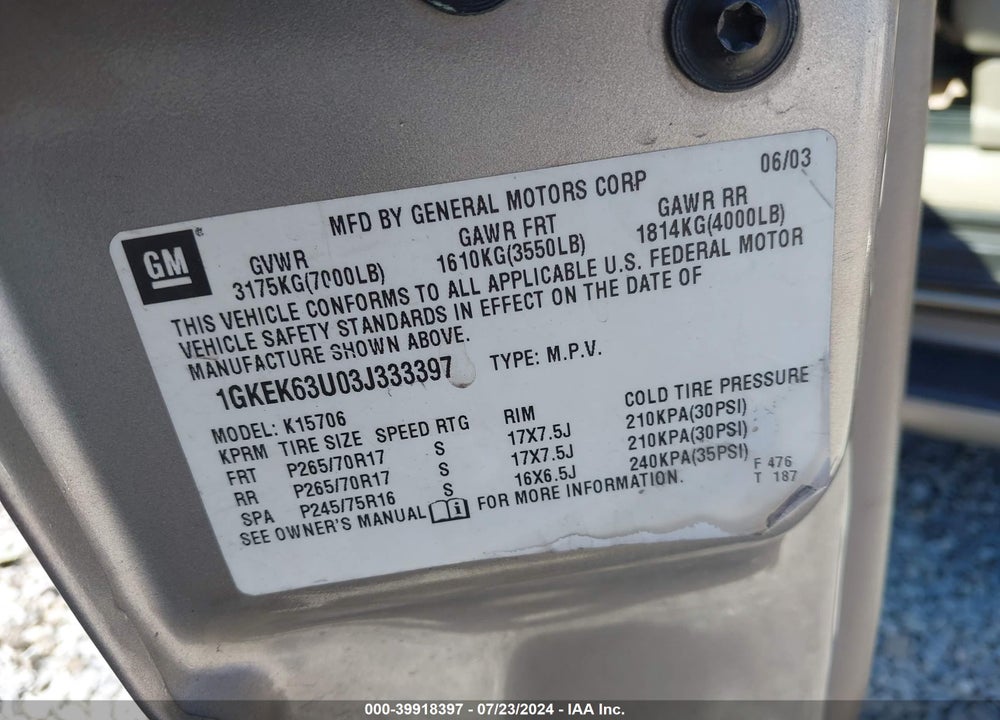 2003 GMC YUKON DENALI VIN: 1GKEK63U03J333397