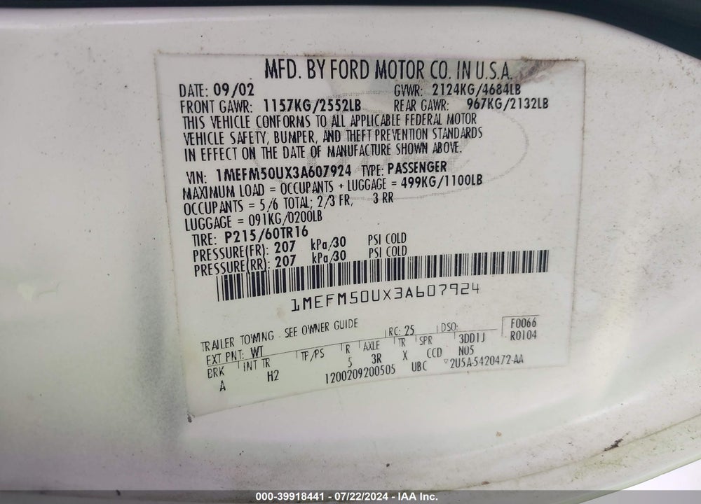 2003 MERCURY SABLE GS/GS PLUS VIN: 1MEFM50UX3A607924