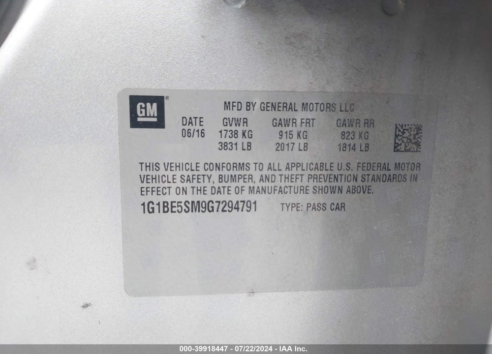 2016 CHEVROLET CRUZE LT AUTO VIN: 1G1BE5SM9G7294791