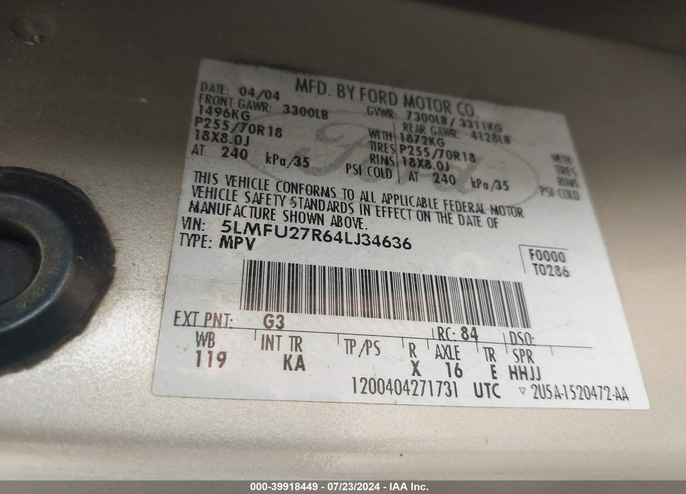 2004 LINCOLN NAVIGATOR VIN: 5LMFU27R64LJ34636