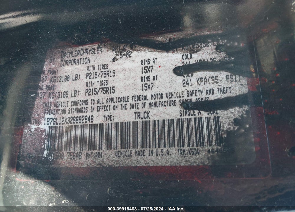 2002 DODGE DAKOTA VIN: 1B7GL12X32S692848