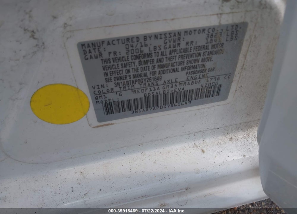 2016 NISSAN SENTRA FE+ S/S/SL/SR/SV VIN: 3N1AB7AP0GY261649