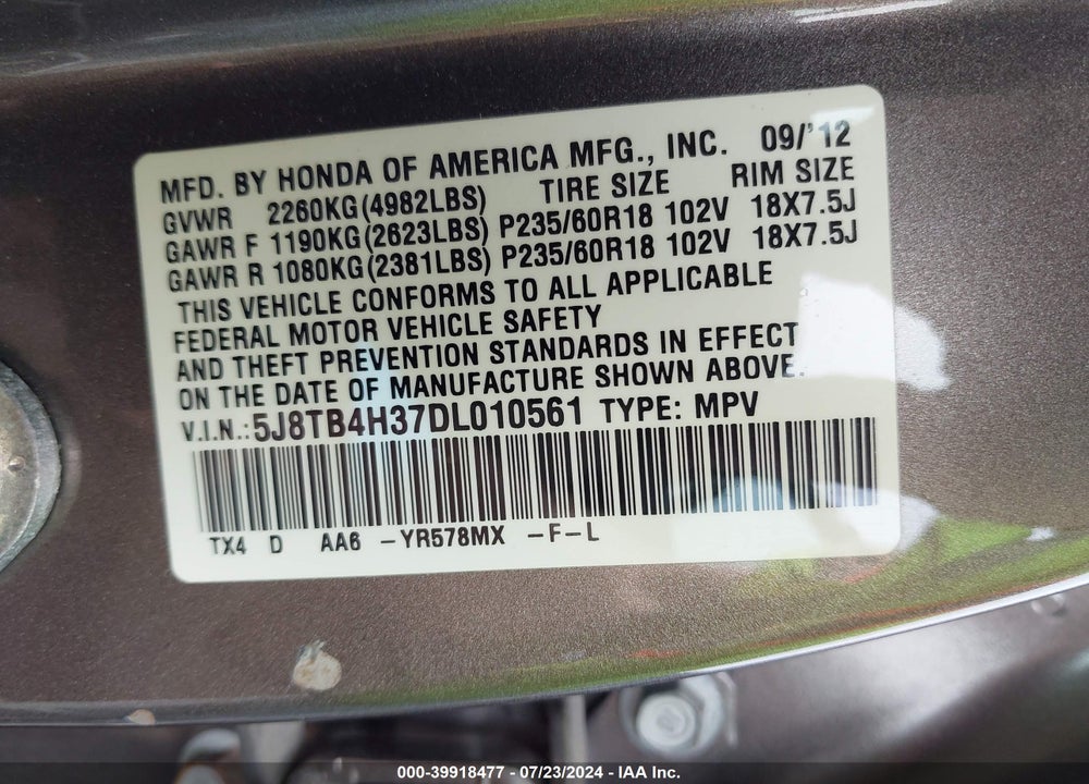 2013 ACURA RDX VIN: 5J8TB4H37DL010561