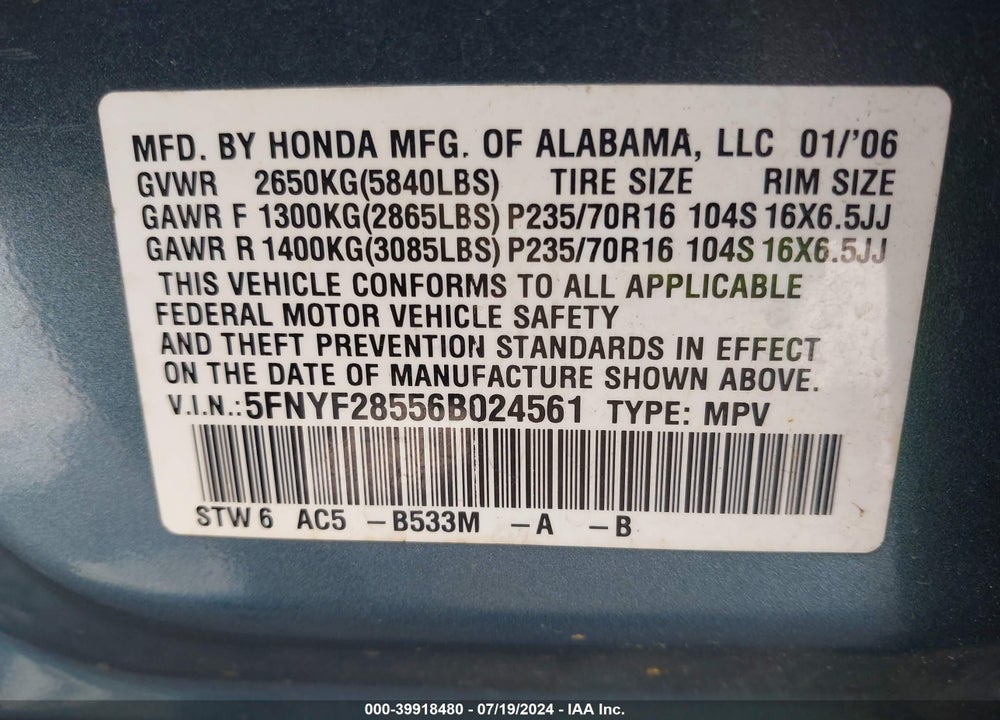 2006 HONDA PILOT EX-L VIN: 5FNYF28556B024561