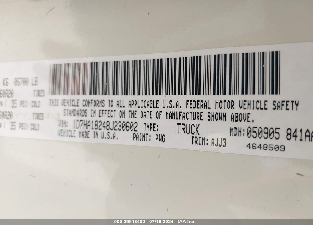 2008 DODGE RAM 1500 SLT VIN: 1D7HA18248J230602