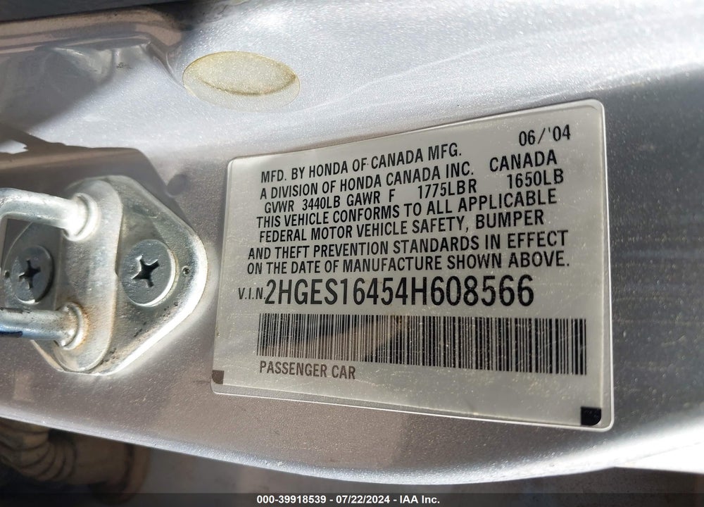 2004 HONDA CIVIC VP VIN: 2HGES16454H608566
