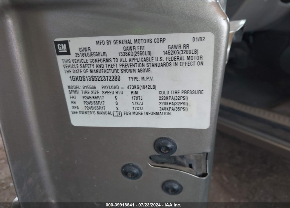 2002 GMC ENVOY SLE VIN: 1GKDS13S522372380