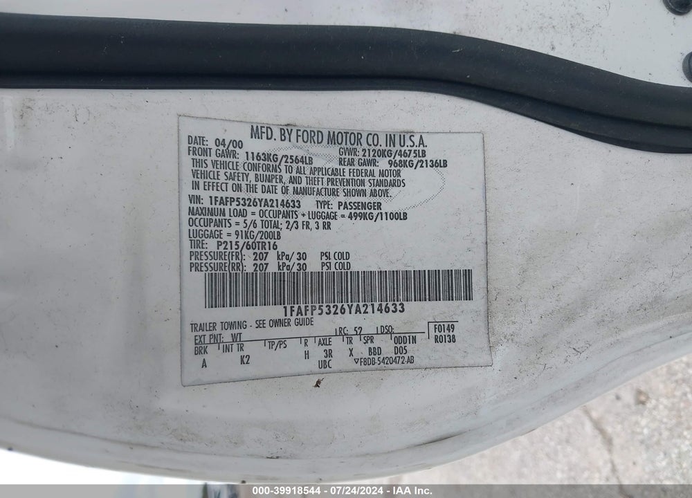 2000 FORD TAURUS SE VIN: 1FAFP5326YA214633