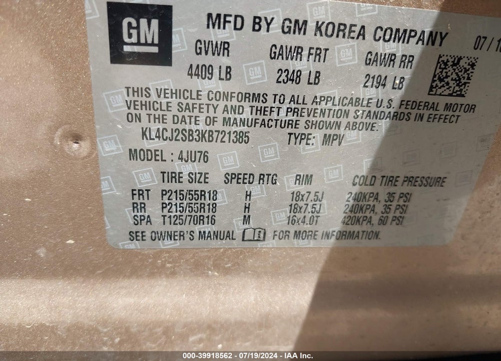 2019 BUICK ENCORE AWD SPORT TOURING VIN: KL4CJ2SB3KB721385