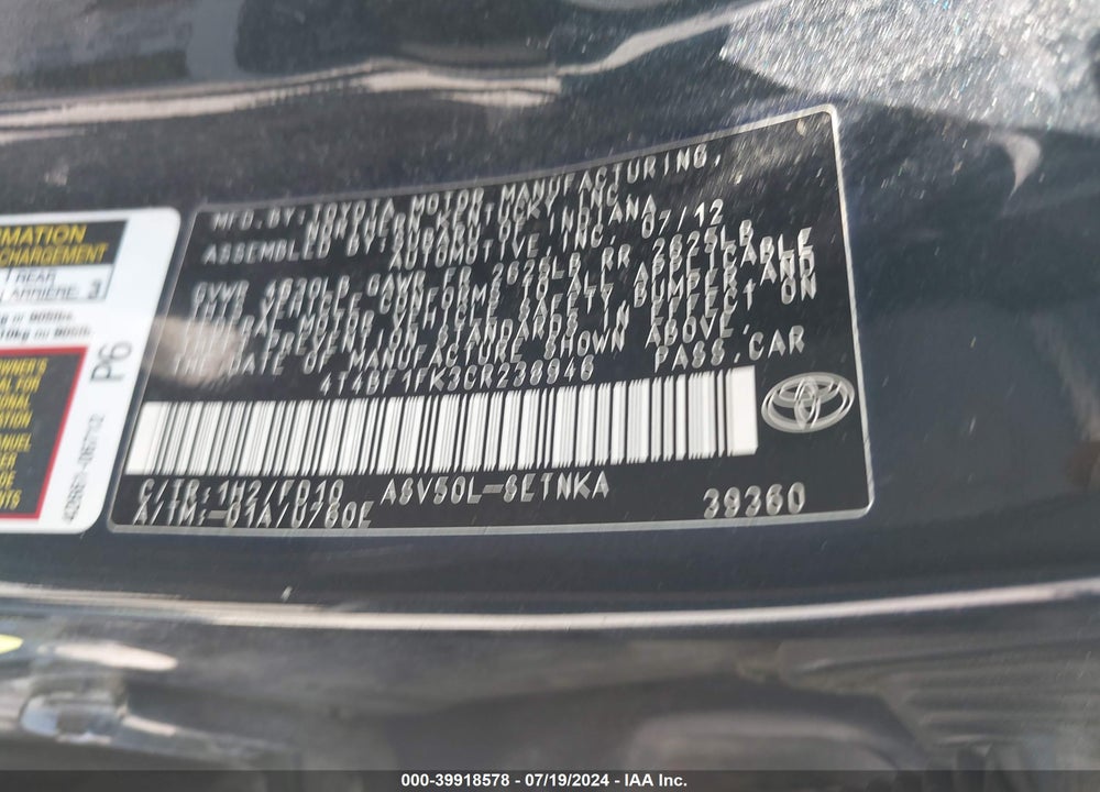 2012 TOYOTA CAMRY LE VIN: 4T4BF1FK3CR238946