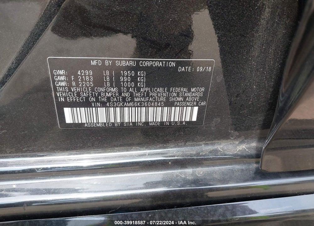 2019 SUBARU IMPREZA 2.0I SPORT VIN: 4S3GKAM66K3604845