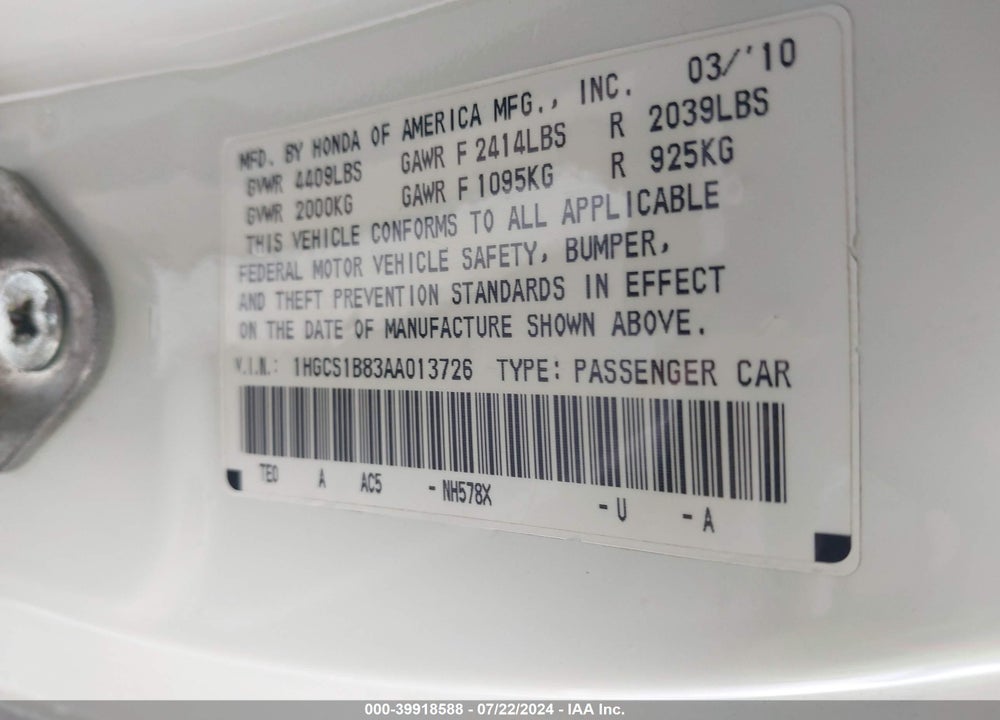 2010 HONDA ACCORD 2.4 EX-L VIN: 1HGCS1B83AA013726