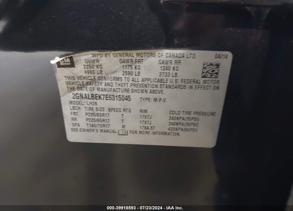 2014 CHEVROLET EQUINOX 1LT VIN: 2GNALBEK7E6315045