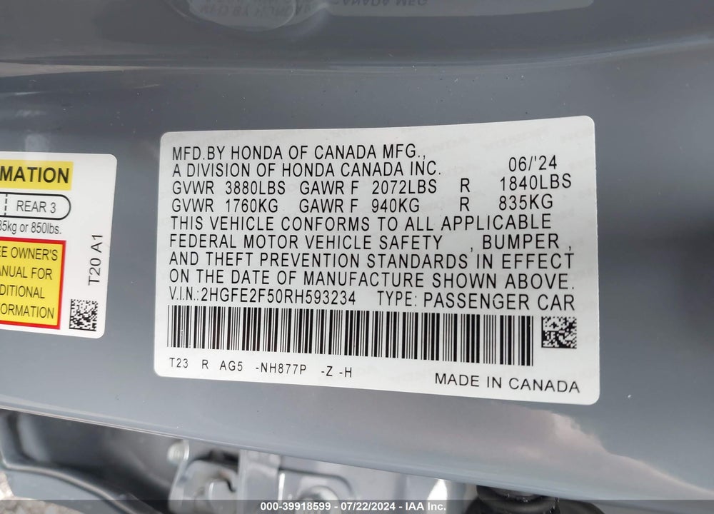 2024 HONDA CIVIC SPORT VIN: 2HGFE2F50RH593234