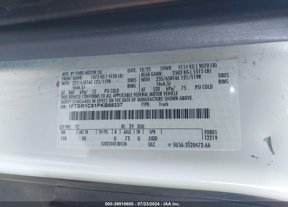 2023 FORD TRANSIT-250 VIN: 1FTBR1C81PKB88337