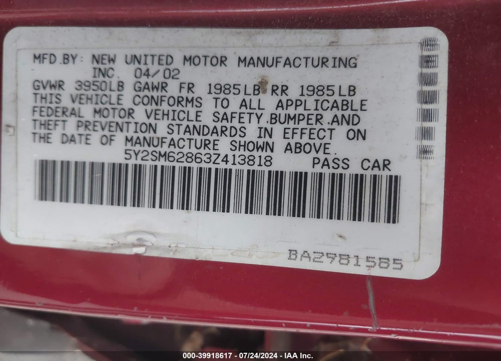 2003 PONTIAC VIBE VIN: 5Y2SM62863Z413818