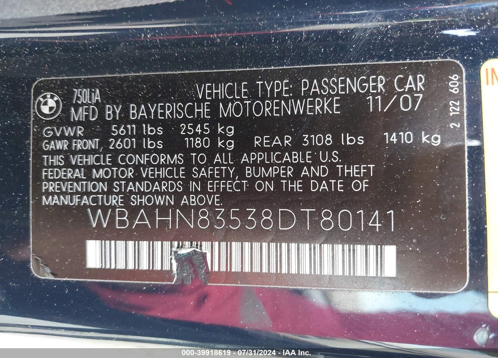 2008 BMW 750LI VIN: WBAHN83538DT80141