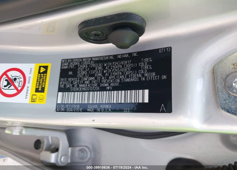 2013 TOYOTA HIGHLANDER BASE V6 VIN: 5TDZK3EH6DS127226