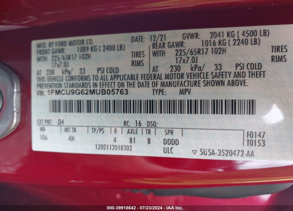 2021 FORD ESCAPE SE VIN: 1FMCU9G62MUB05763
