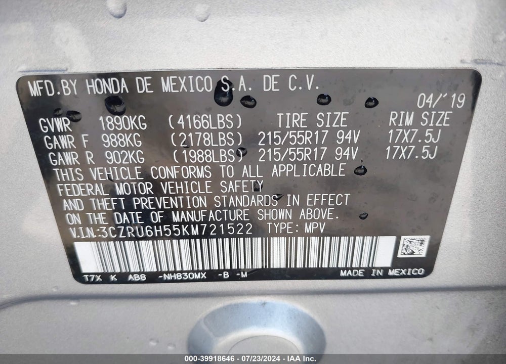 2019 HONDA HR-V EX VIN: 3CZRU6H55KM721522