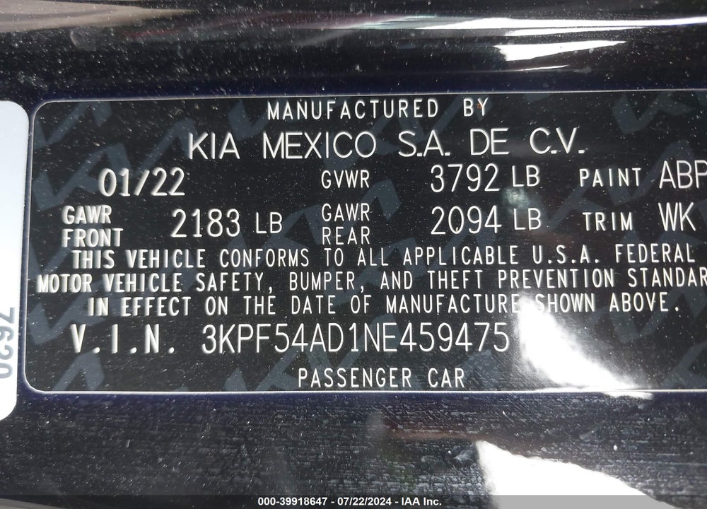 2022 KIA FORTE GT LINE VIN: 3KPF54AD1NE459475