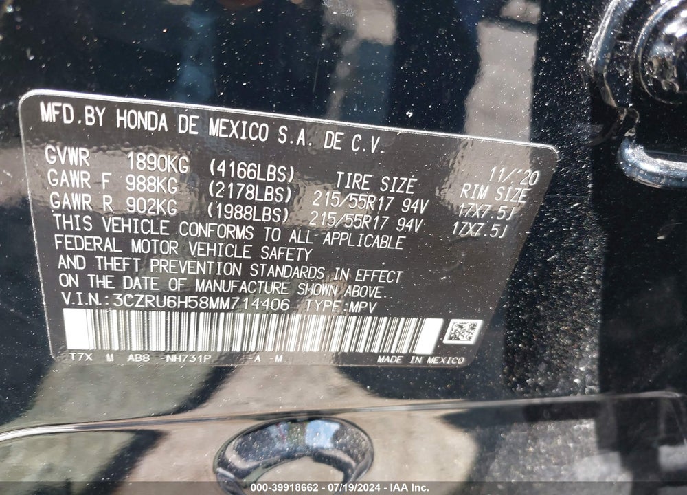 2021 HONDA HR-V AWD EX VIN: 3CZRU6H58MM714406