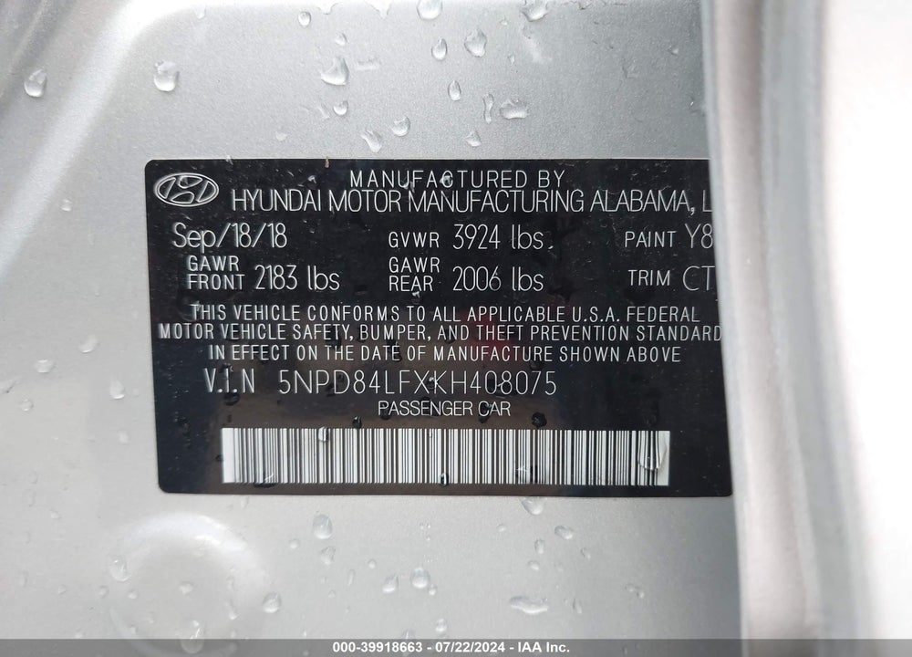 2019 HYUNDAI ELANTRA SEL VIN: 5NPD84LFXKH408075