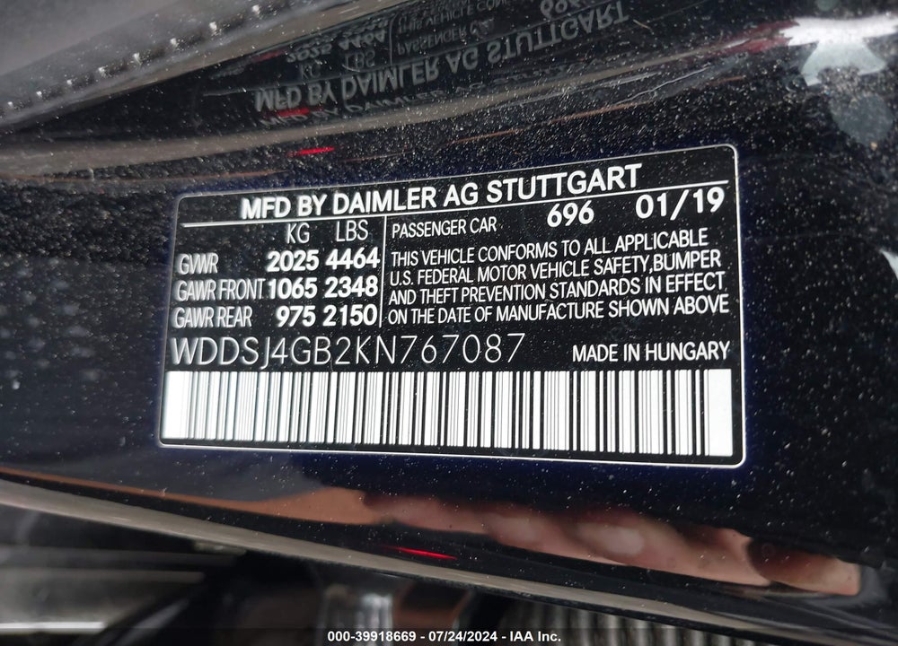2019 MERCEDES-BENZ CLA 250 4MATIC VIN: WDDSJ4GB2KN767087