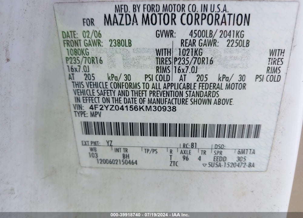 2006 MAZDA TRIBUTE S VIN: 4F2YZ04156KM30938