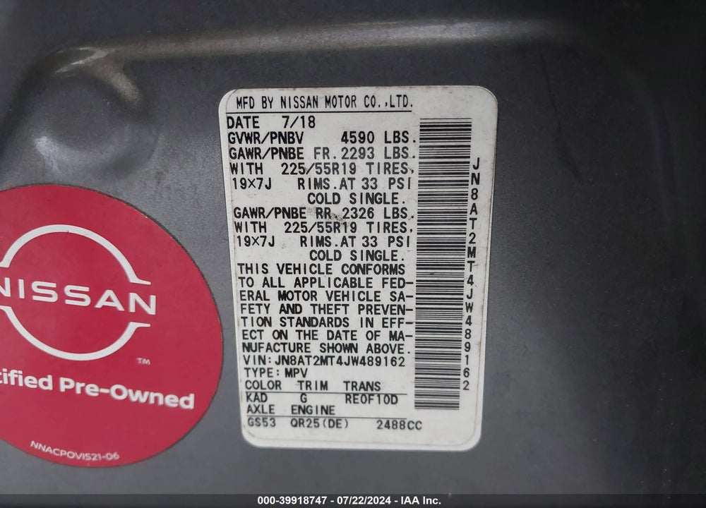 2018 NISSAN ROGUE SL VIN: JN8AT2MT4JW489162