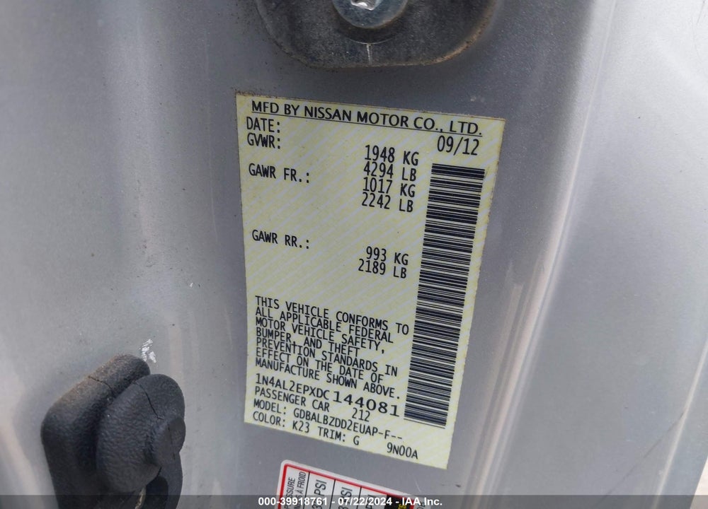 2013 NISSAN ALTIMA 2.5 S VIN: 1N4AL2EPXDC144081