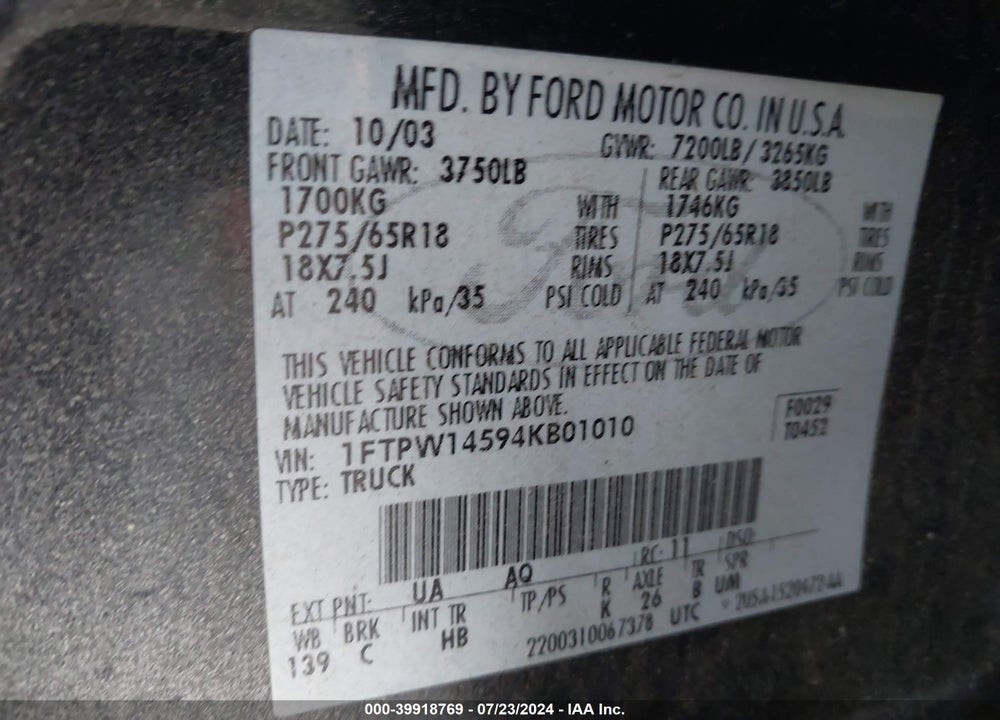 2004 FORD F-150 FX4/LARIAT/XLT VIN: 1FTPW14594KB01010