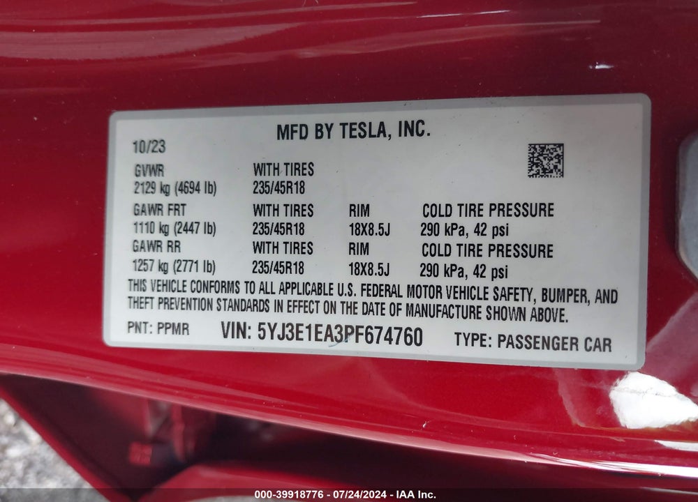 2023 TESLA MODEL 3 REAR-WHEEL DRIVE VIN: 5YJ3E1EA3PF674760