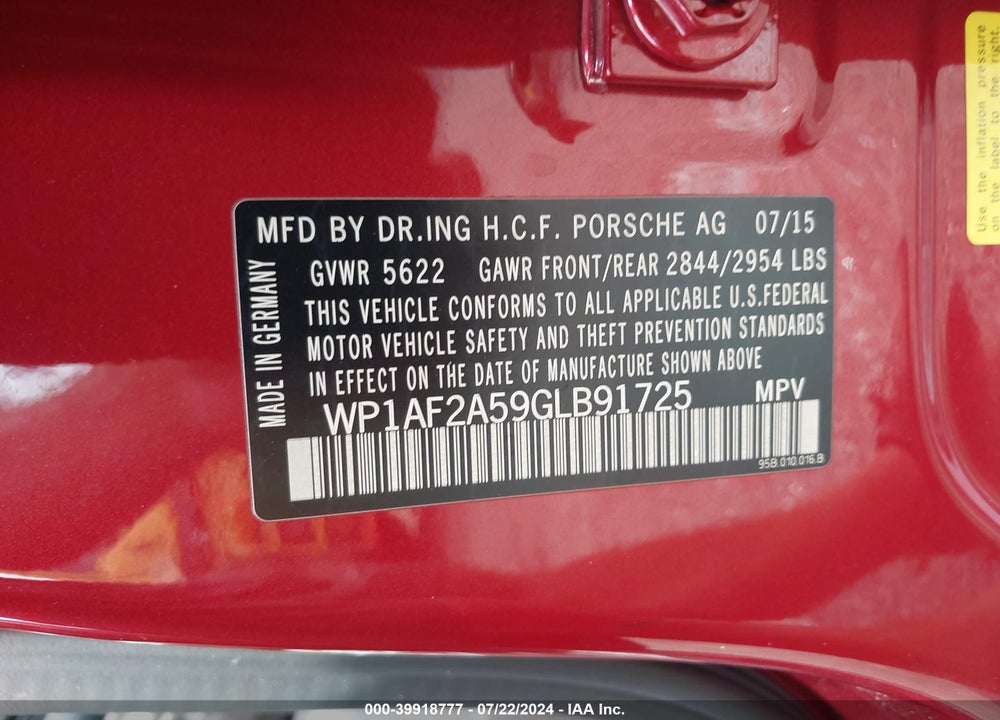 2016 PORSCHE MACAN TURBO VIN: WP1AF2A59GLB91725