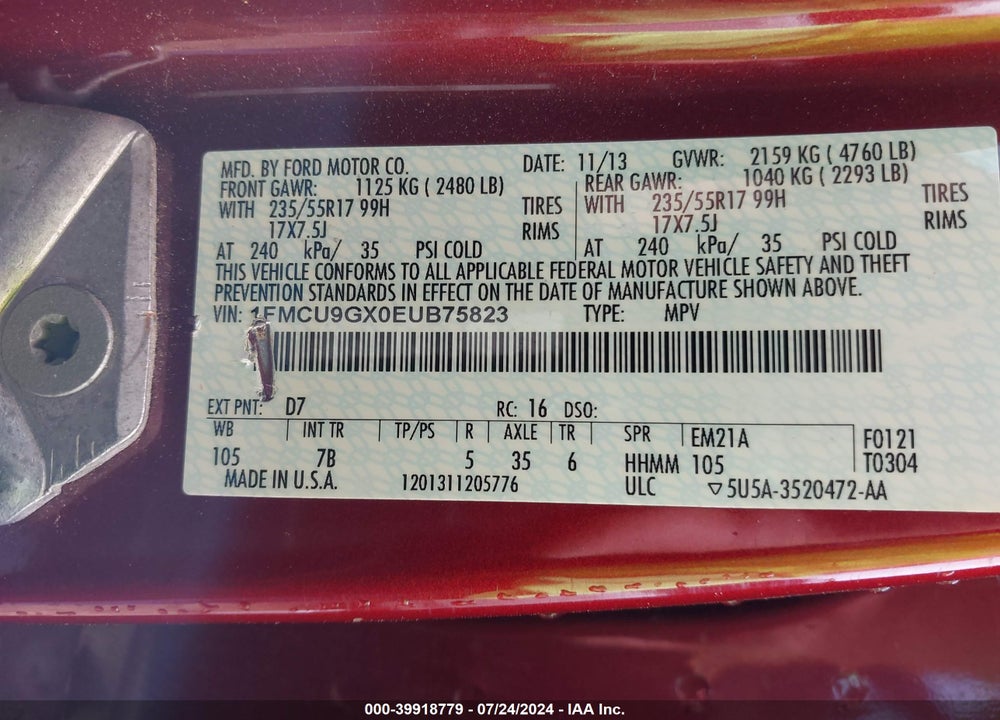 2014 FORD ESCAPE SE VIN: 1FMCU9GX0EUB75823