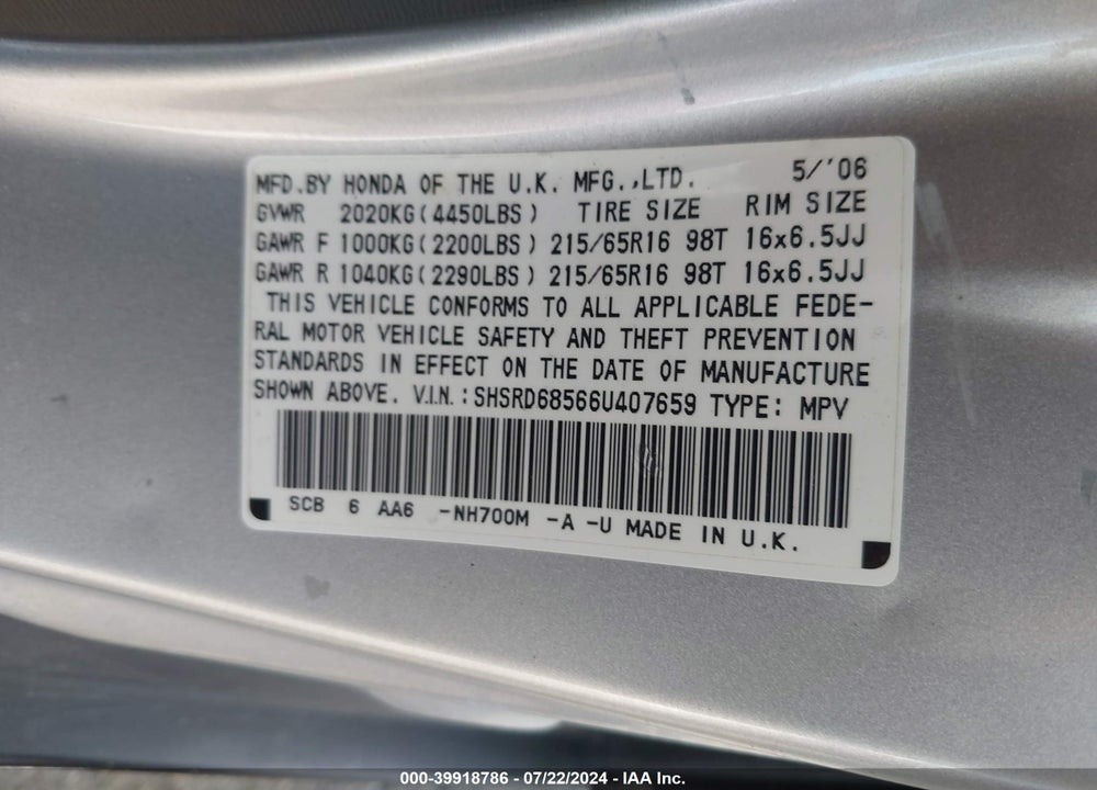 2006 HONDA CR-V LX VIN: SHSRD68566U407659