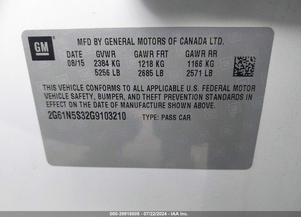 2016 CADILLAC XTS LUXURY COLLECTION VIN: 2G61N5S32G9103210