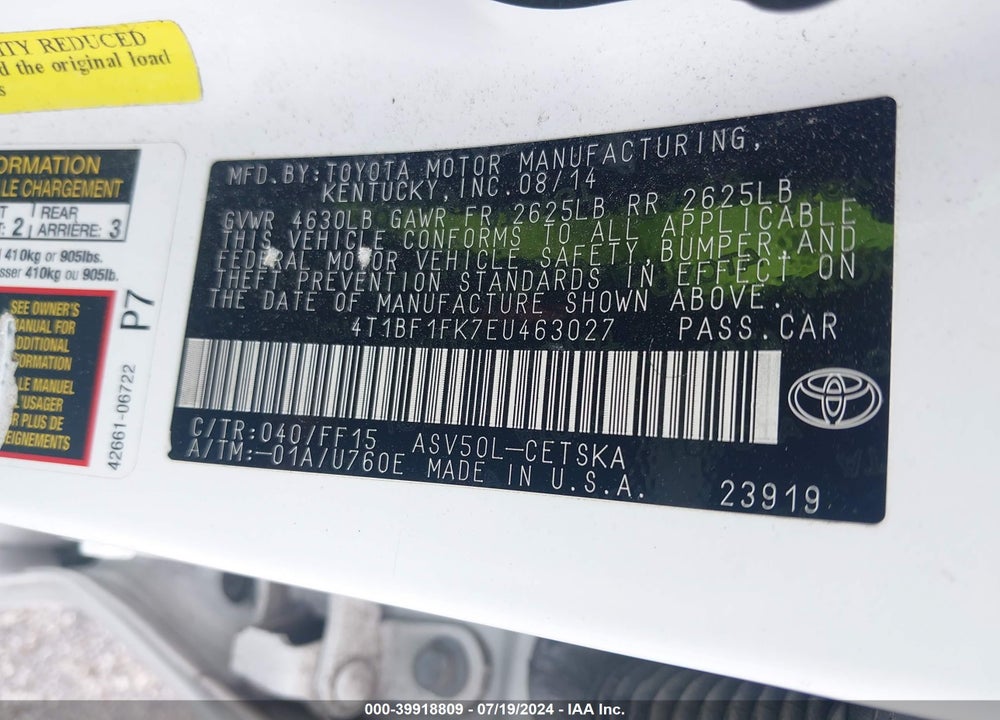 2014 TOYOTA CAMRY VIN: 4T1BF1FK7EU463027