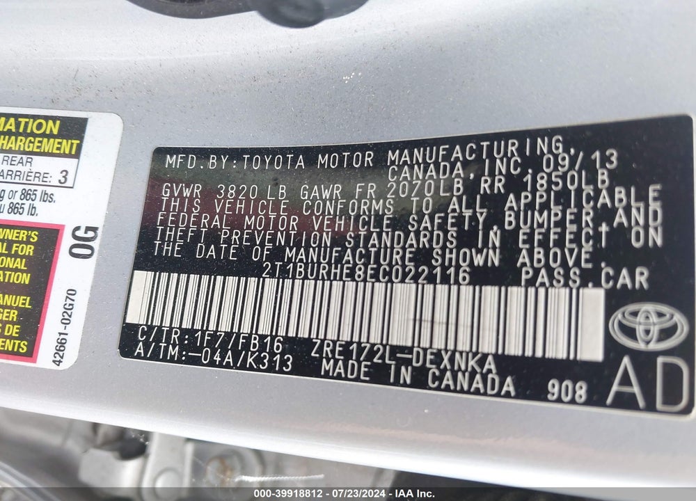 2014 TOYOTA COROLLA LE PLUS VIN: 2T1BURHE8EC022116