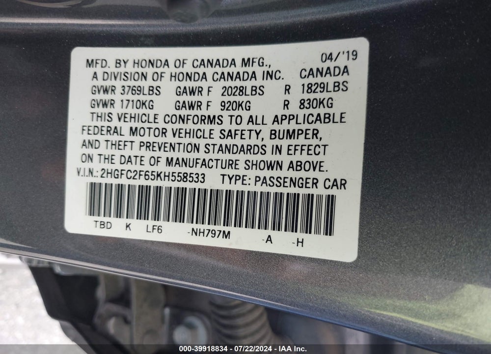 2019 HONDA CIVIC LX VIN: 2HGFC2F65KH558533