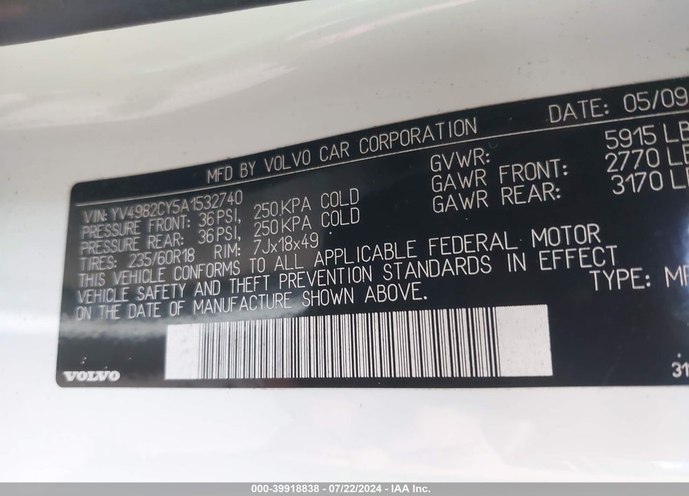 2010 VOLVO XC90 3.2 VIN: YV4982CY5A1532740