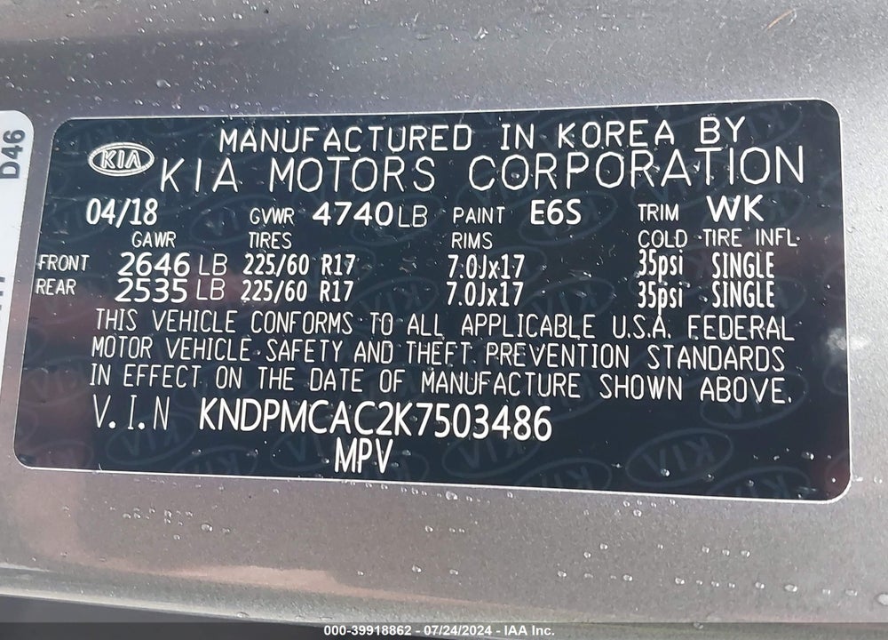 2019 KIA SPORTAGE LX VIN: KNDPMCAC2K7503486