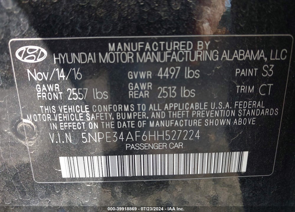 2017 HYUNDAI SONATA SPORT VIN: 5NPE34AF6HH527224