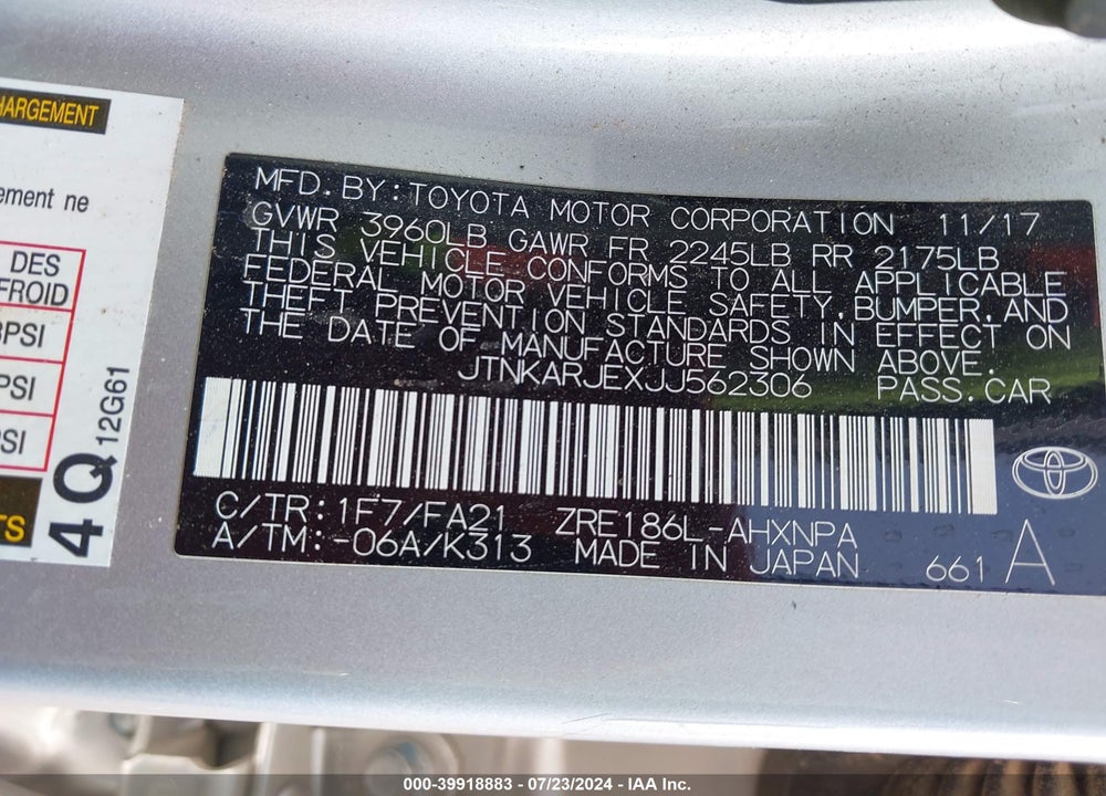 2018 TOYOTA COROLLA IM VIN: JTNKARJEXJJ562306