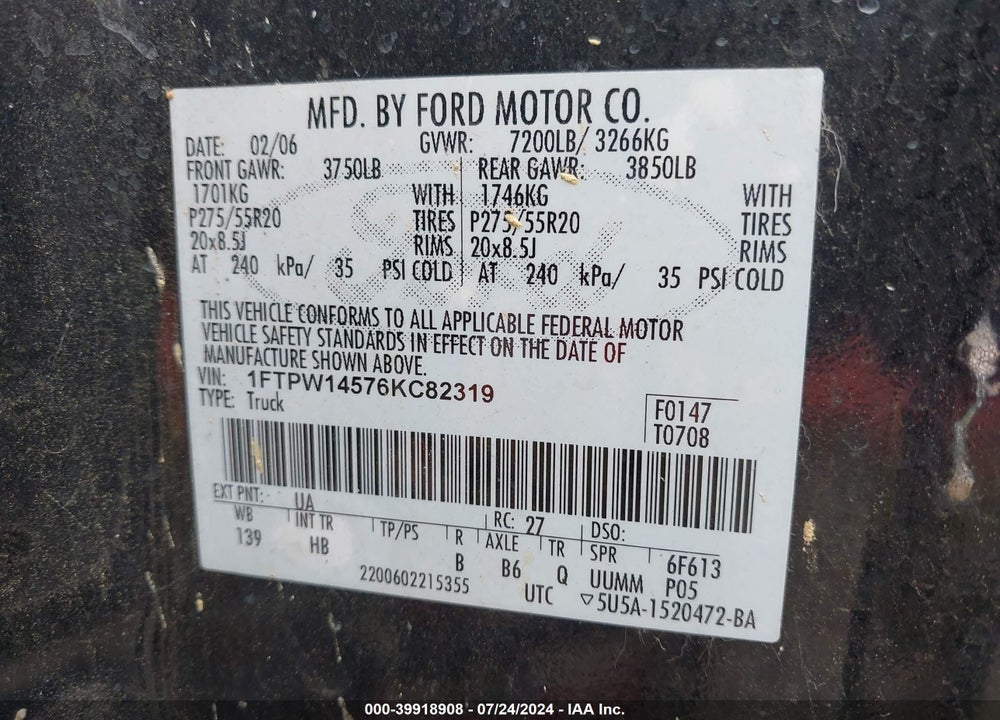 2006 FORD F-150 FX4/LARIAT/XLT VIN: 1FTPW14576KC82319