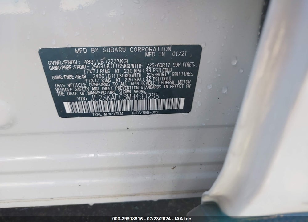 2021 SUBARU FORESTER PREMIUM VIN: JF2SKAFC8MH490285