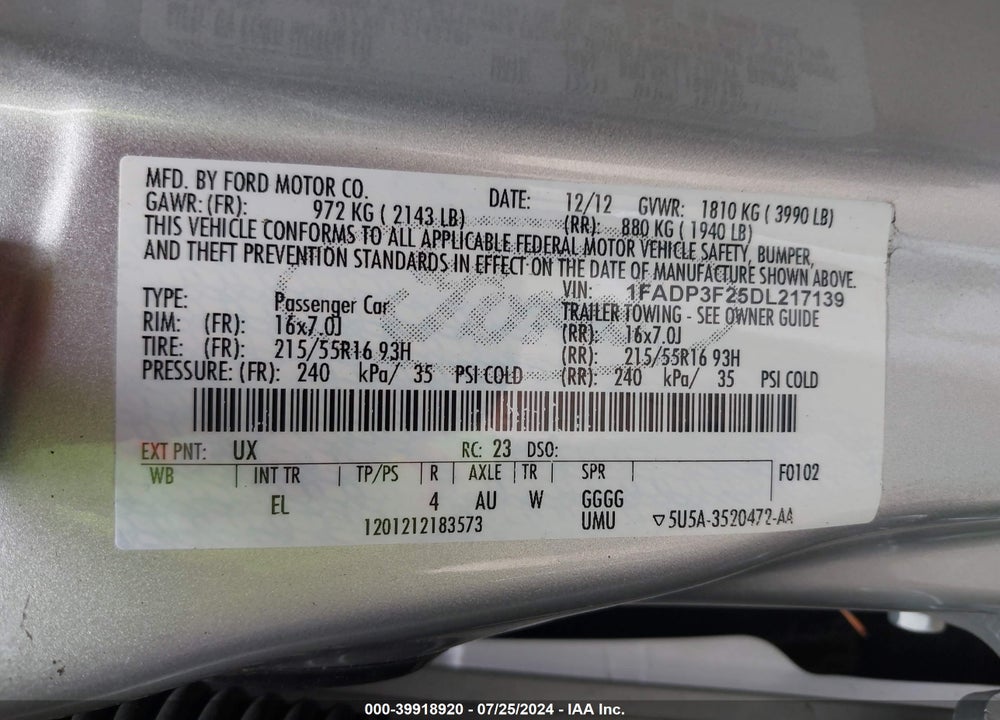 2013 FORD FOCUS SE VIN: 1FADP3F25DL217139