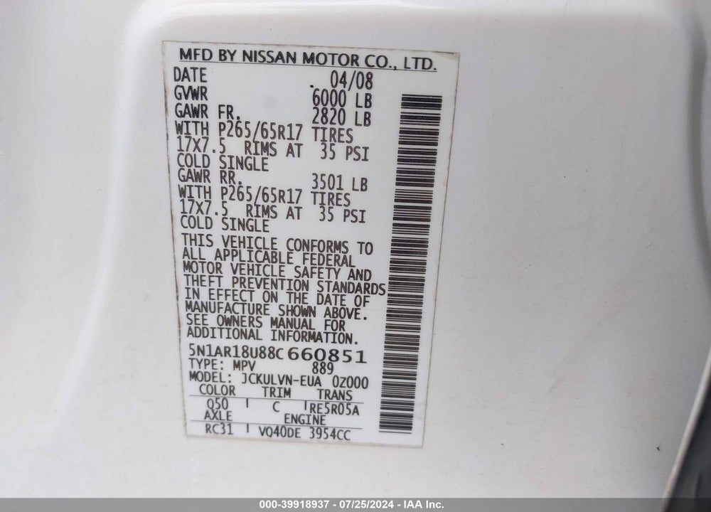 2008 NISSAN PATHFINDER LE VIN: 5N1AR18U88C660851