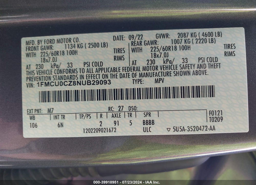2022 FORD ESCAPE SEL HYBRID VIN: 1FMCU0CZ8NUB29093