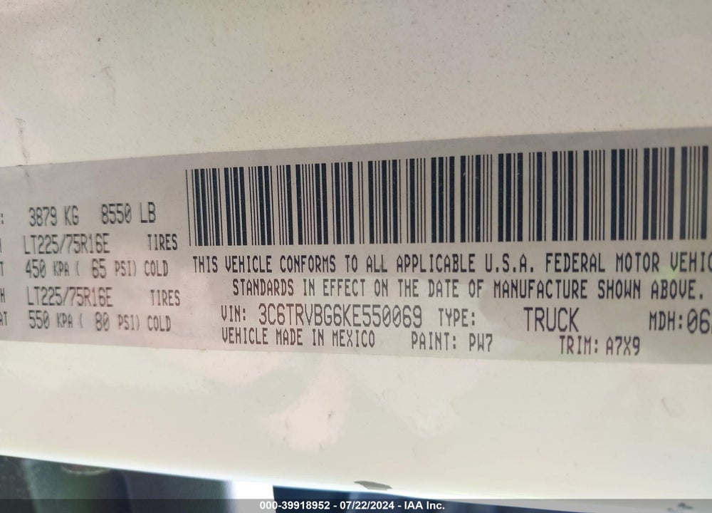 2019 RAM PROMASTER 1500 HIGH ROOF 136 WB VIN: 3C6TRVBG6KE550069